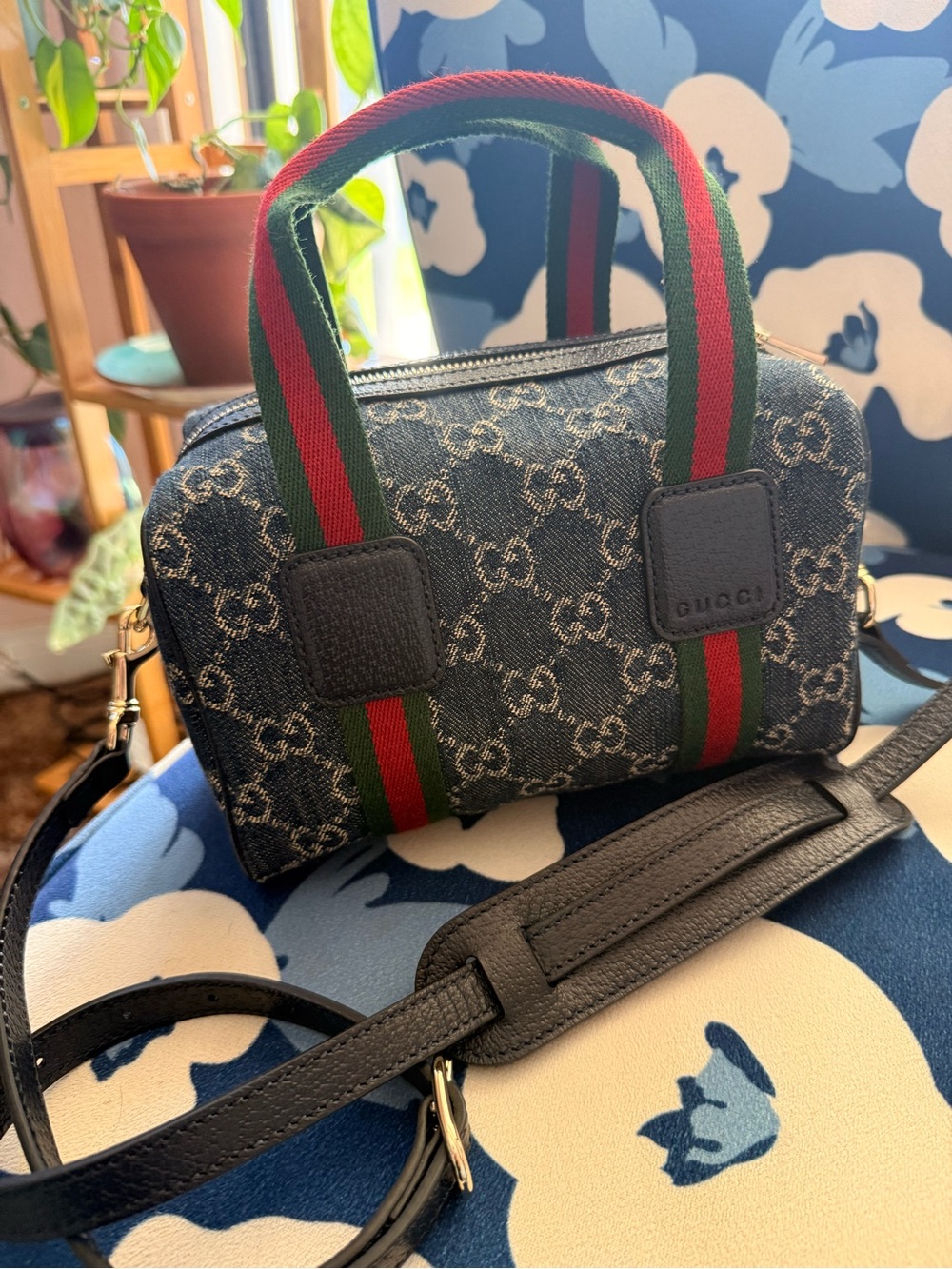 New Gucci Black Monogram Mini Satchel with Red & Green Web Straps
